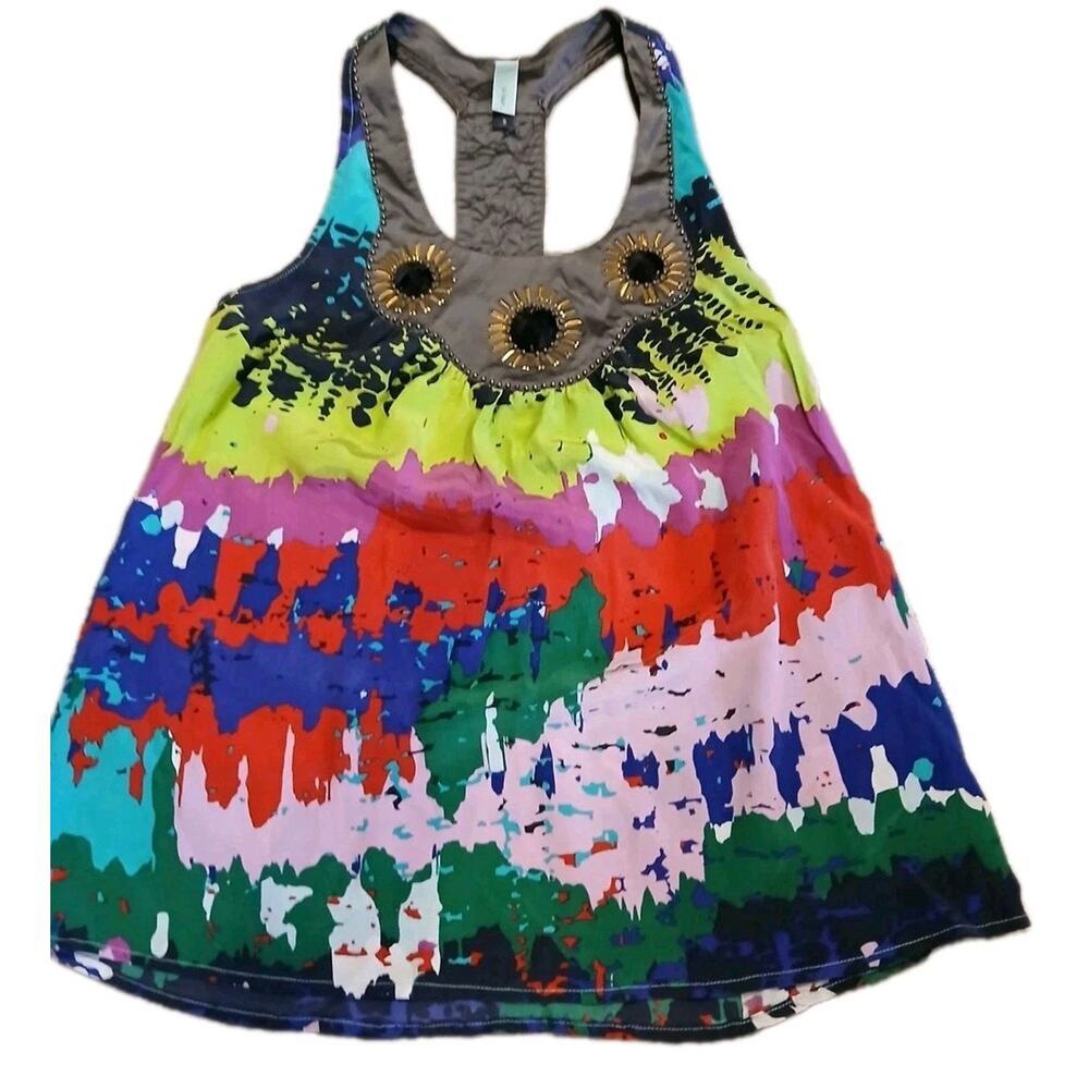 Y2K Style Jaloux Silk Multicolor Beaded Racerback Tank S